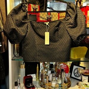 Copper Key Textured Black Puff Sleeve Blouse